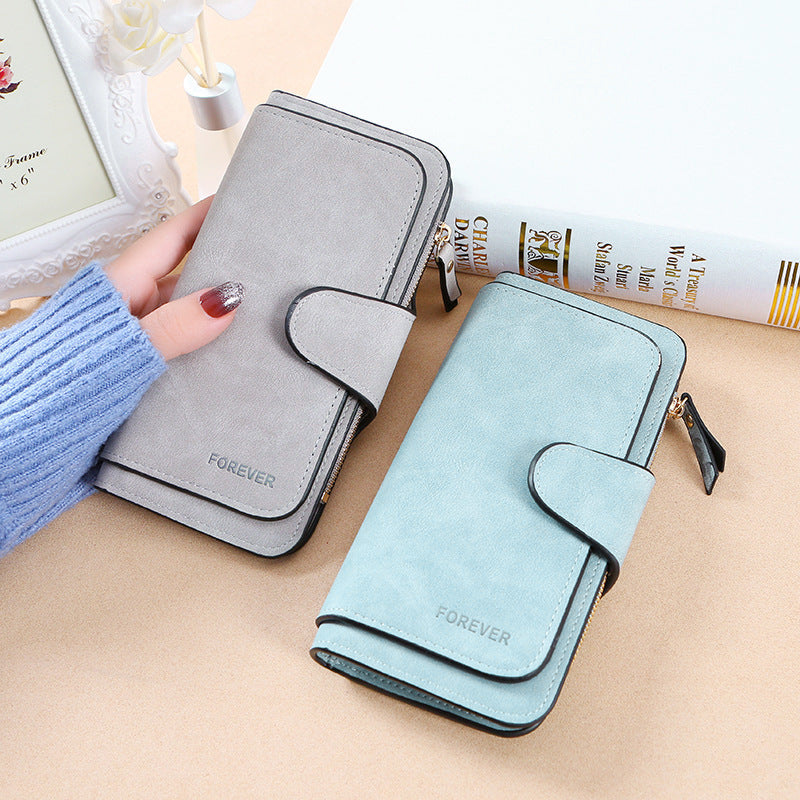 New Buckle Women's Long Wallet Three Fold Fashion Women's Bag Multi-card Women's Purse Frosted Two-tone Fabric