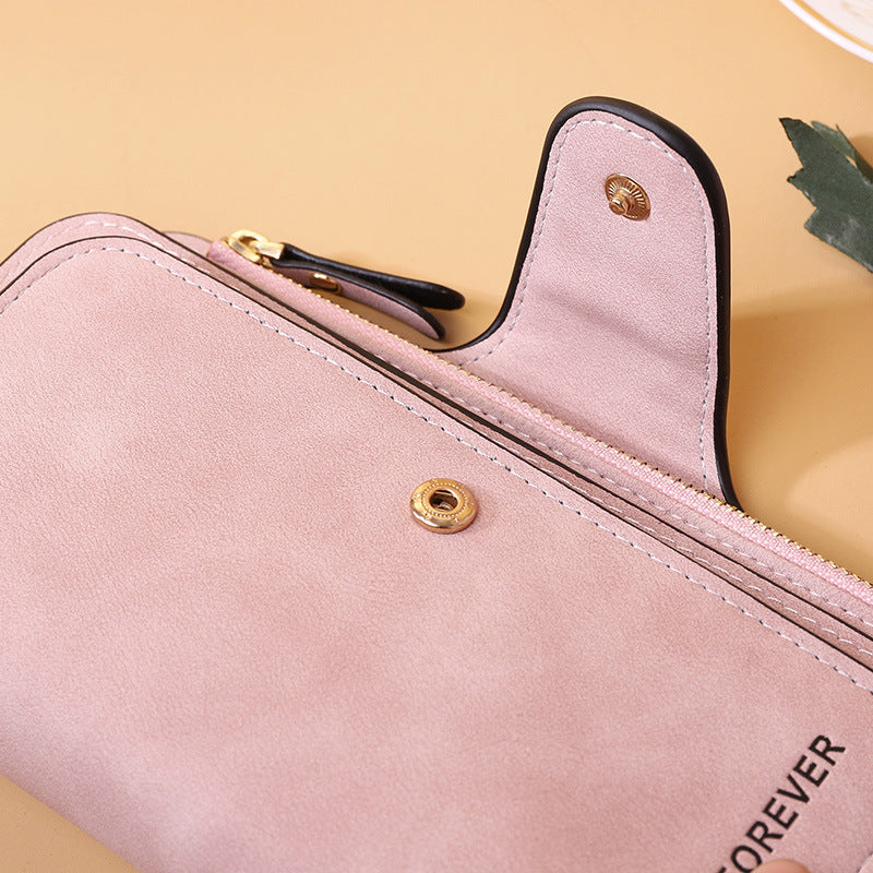 New Buckle Women's Long Wallet Three Fold Fashion Women's Bag Multi-card Women's Purse Frosted Two-tone Fabric