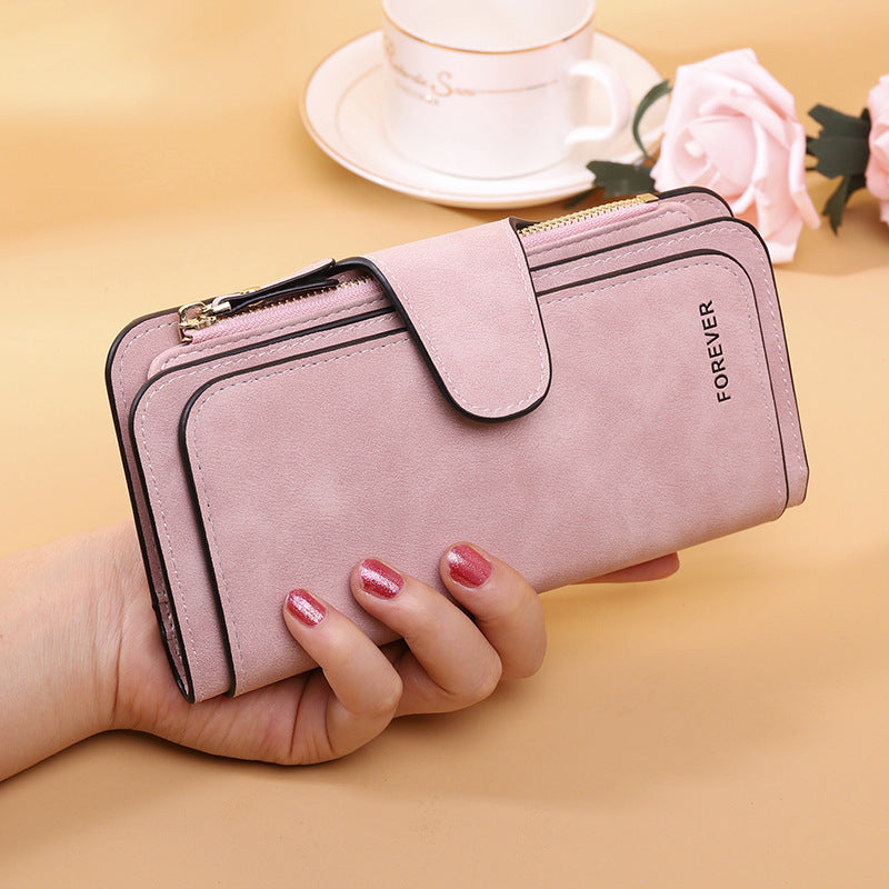 New Buckle Women's Long Wallet Three Fold Fashion Women's Bag Multi-card Women's Purse Frosted Two-tone Fabric