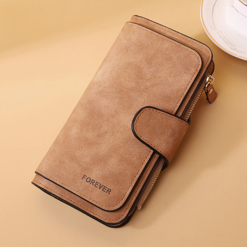 New Buckle Women's Long Wallet Three Fold Fashion Women's Bag Multi-card Women's Purse Frosted Two-tone Fabric