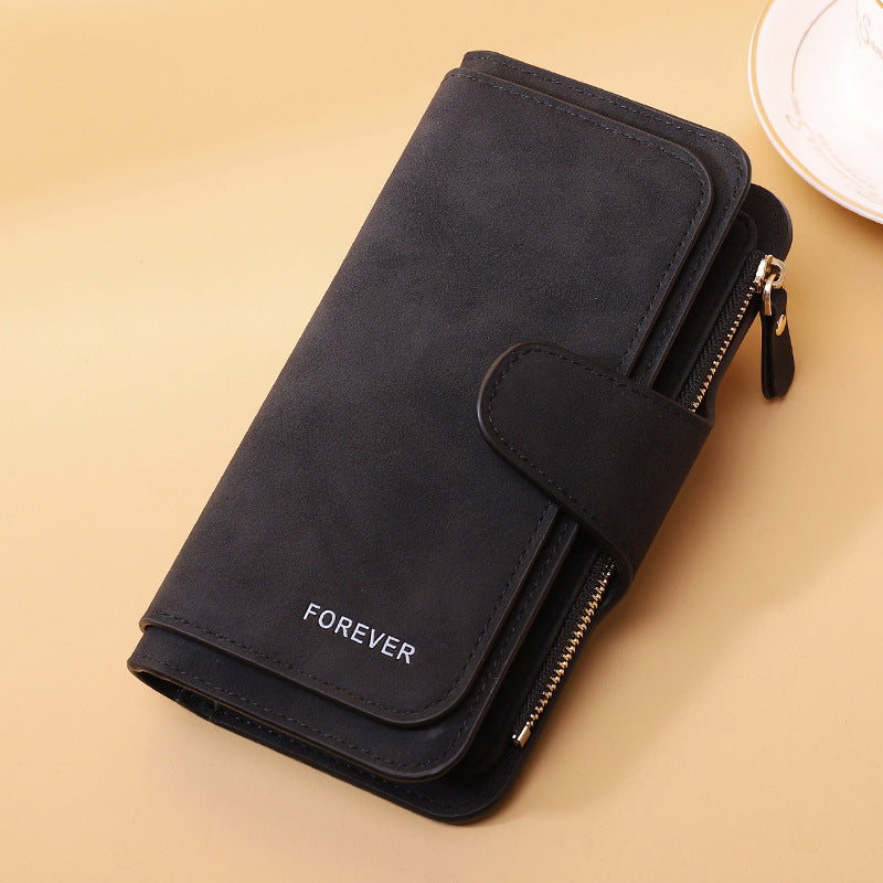 New Buckle Women's Long Wallet Three Fold Fashion Women's Bag Multi-card Women's Purse Frosted Two-tone Fabric
