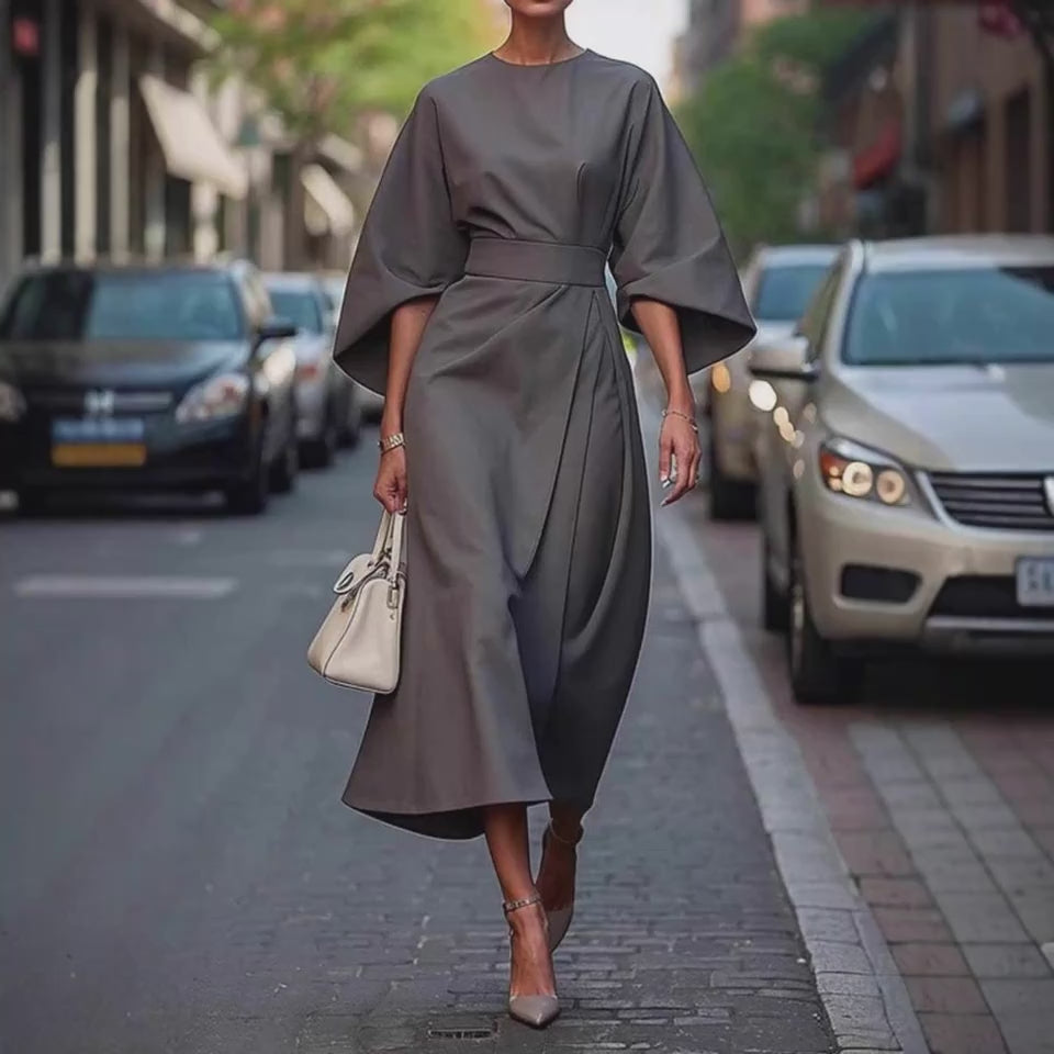 Loose Batwing Sleeve Dress Fashion Waist-tighted Solid Color Elegant Dresses For Women Clothing product video